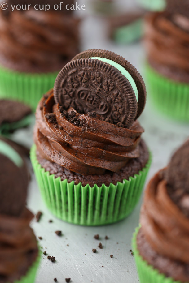 Mint OREO Cupcakes with an Oreo baked on the bottom! And Oreo Cookie frosting! 