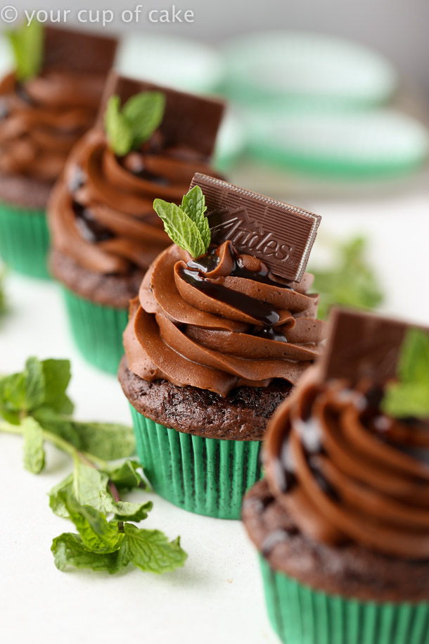 Triple Chocolate Mint Cupcakes topped with Andes Mints