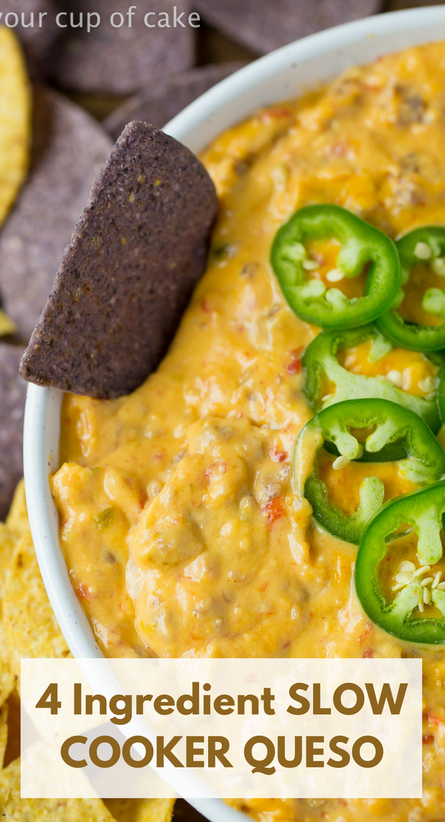 4 Ingredient Queso Dip made in the SLOW COOKER! I make this for all my game day parties! 