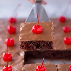 My family is OBSESSED with this Chocolate Cherry Texas Sheet Cake recipe!