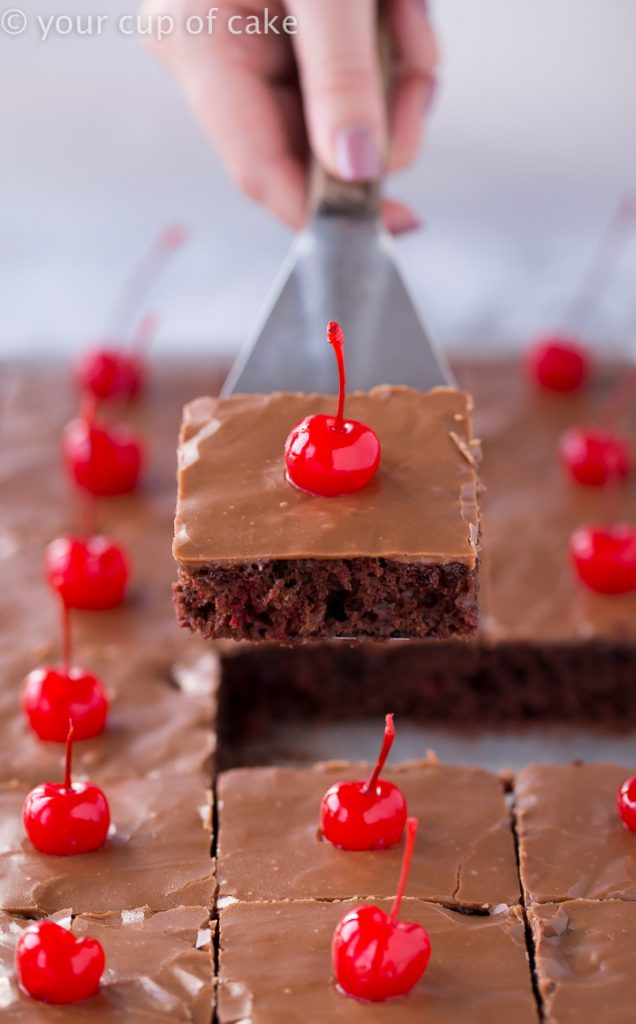 My family is OBSESSED with this Chocolate Cherry Texas Sheet Cake recipe!