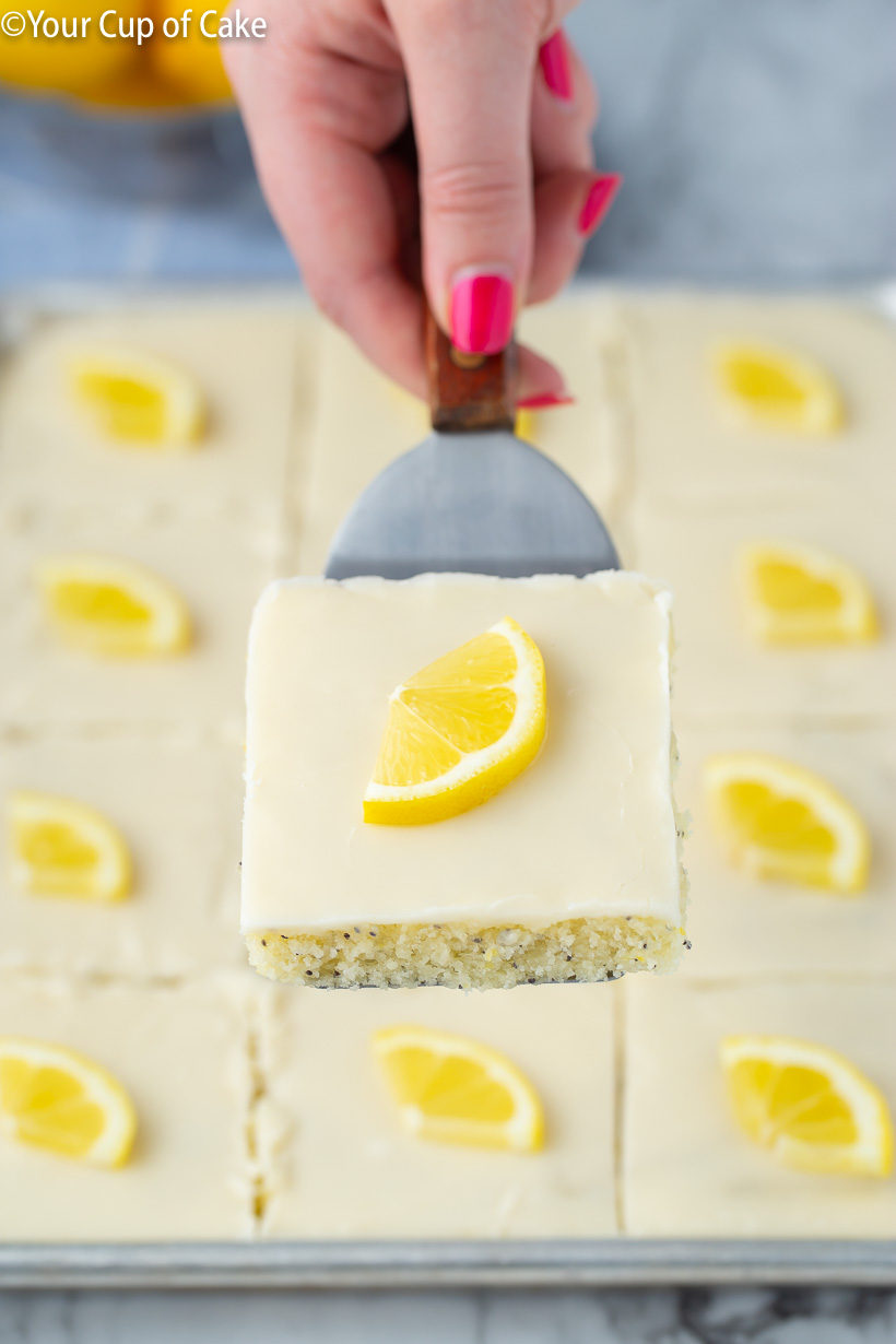 IN LOVE with this recipe for Lemon Poppy Seed Sheet Cake I make it for every party