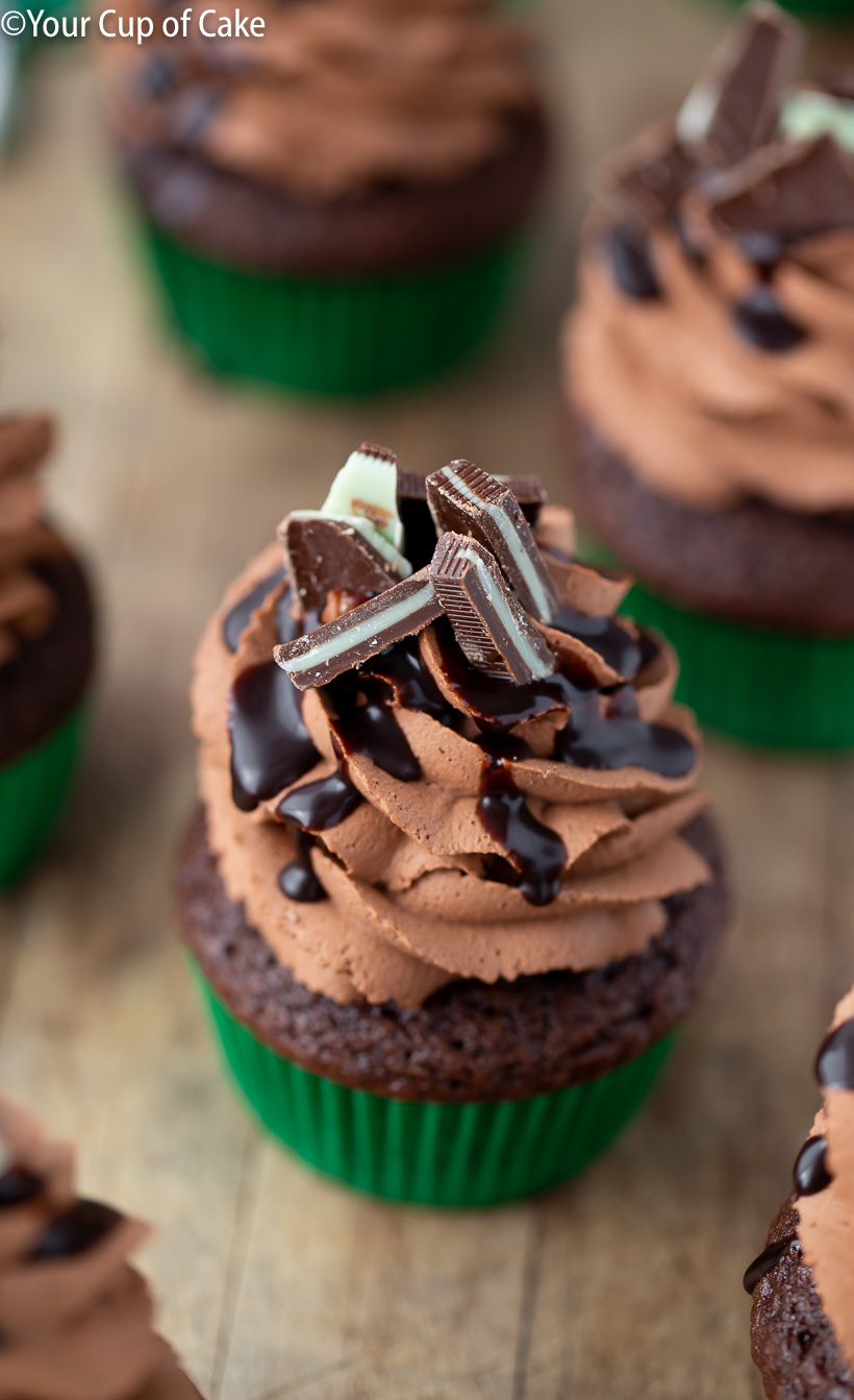 YUM! 3 Ingredient Chocolate Mousse Frosting on these Mint Chocolate Mousse Cupcakes
