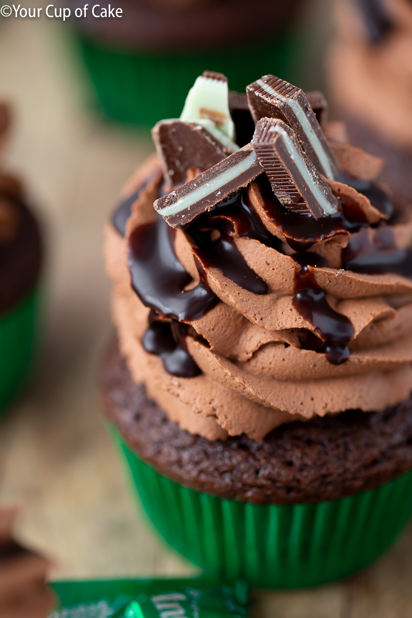 WOW! 3-Ingredient Chocolate Mousse Frosting on these Mint Chocolate Mousse Cupcakes!