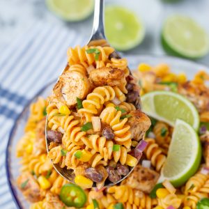 SO good and so EASY to make! Chicken Enchilada Pasta Salad