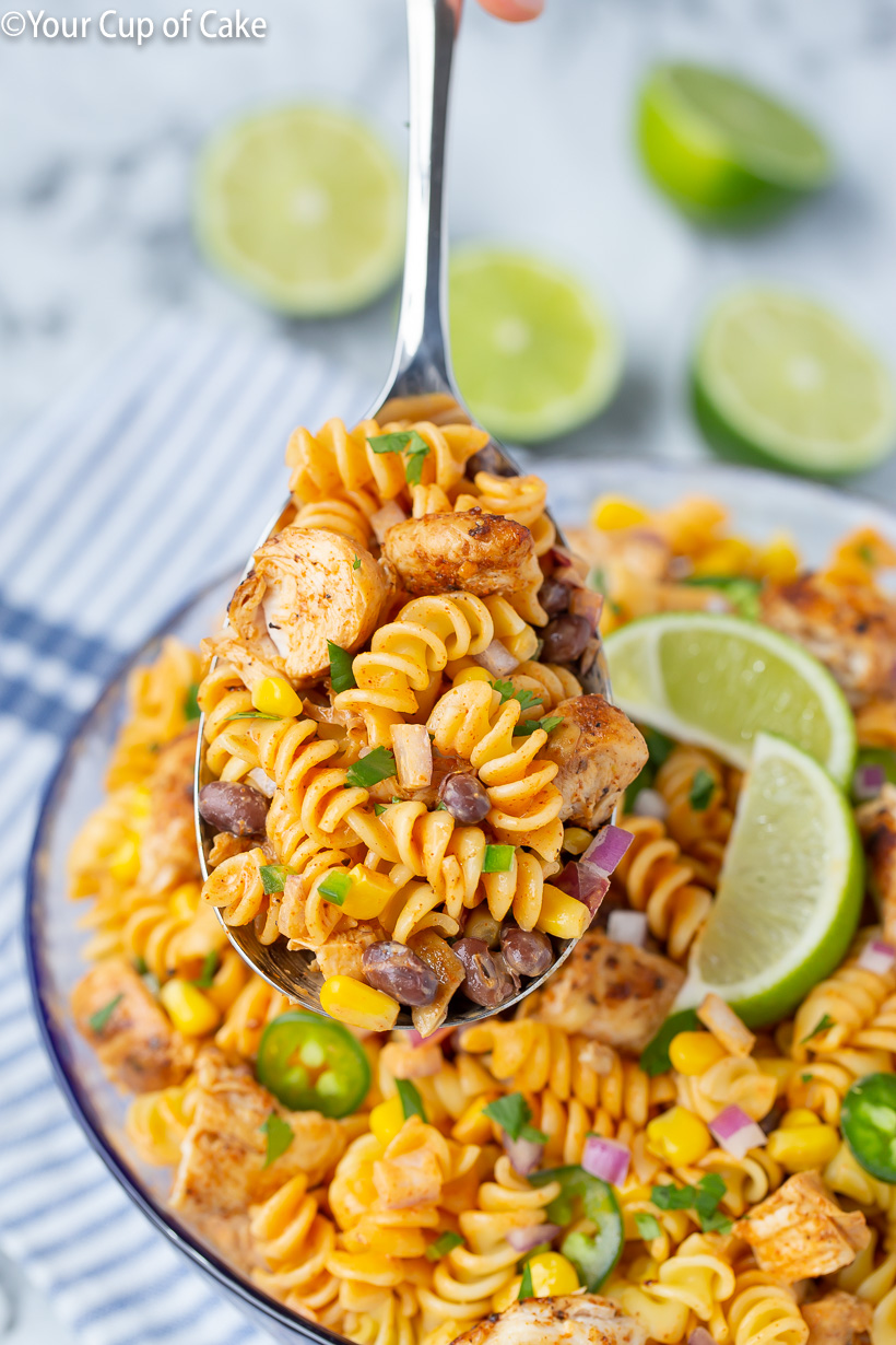 SO good and so EASY to make! Chicken Enchilada Pasta Salad