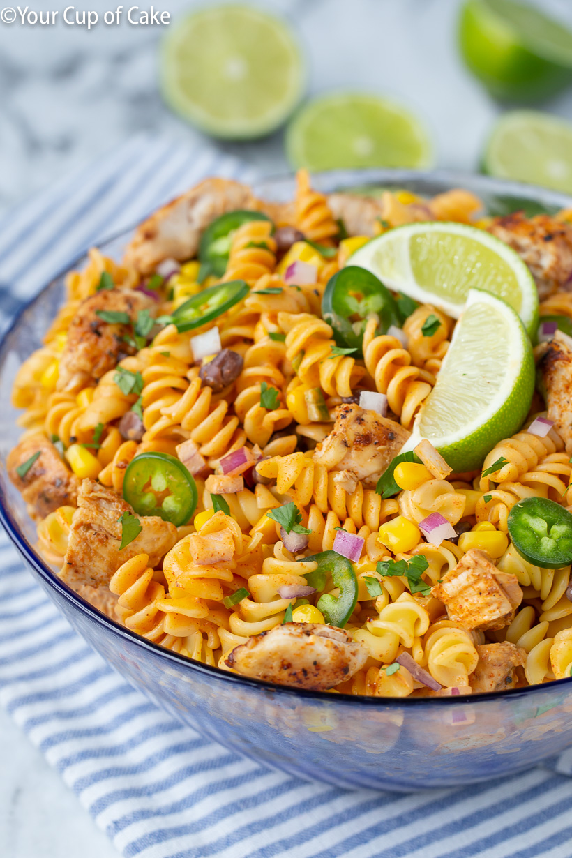 My family LOVES this Chicken Enchilada Pasta Salad