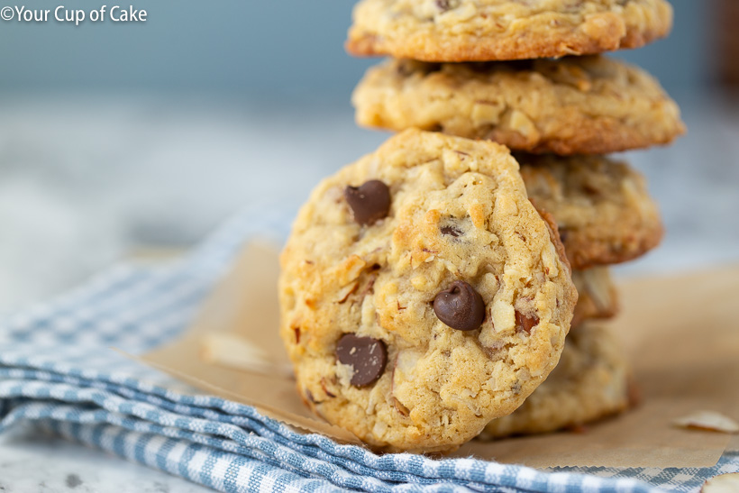 Almond Joy Cookies with coconut, chocolate chips and almond slices