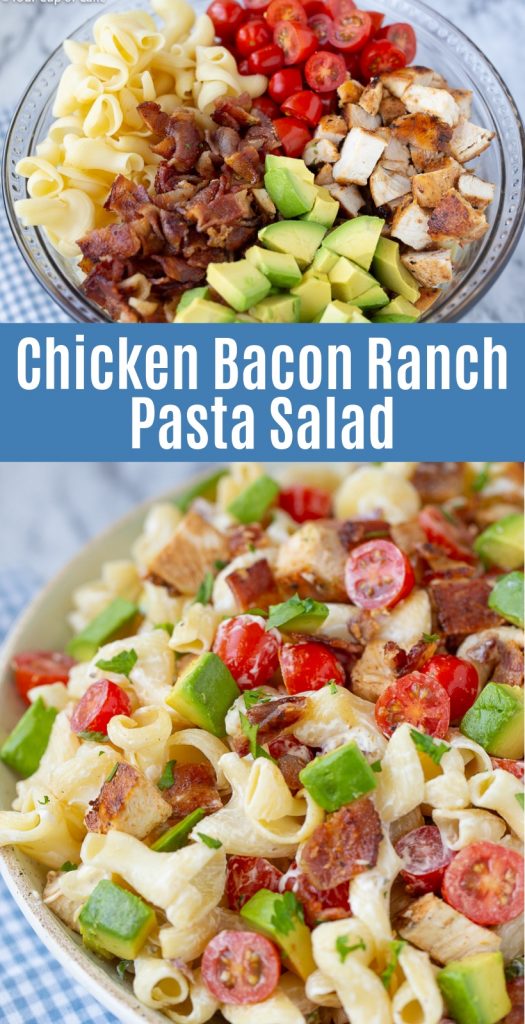 My family LOVES this Chicken Bacon Ranch Pasta Salad with Avocados