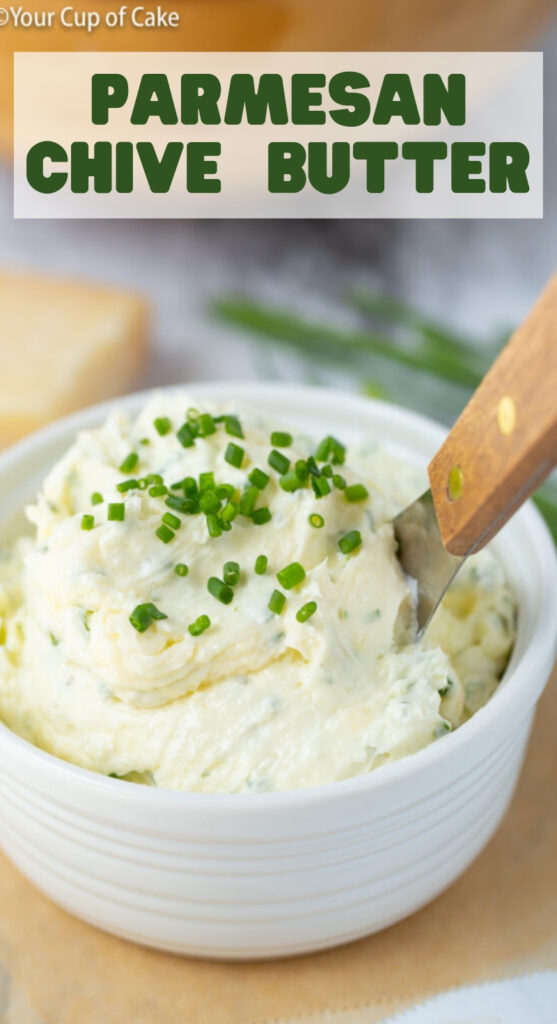 This stuff is SO GOOD! Parmesan Chive Butter, I put it on dinner rolls, baked potatoes, cooked veggies, EVERYTHING!