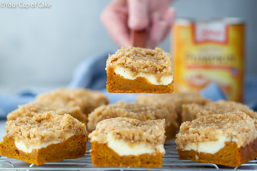 Pumpkin cake with a cream cheese swirl and streusel topping