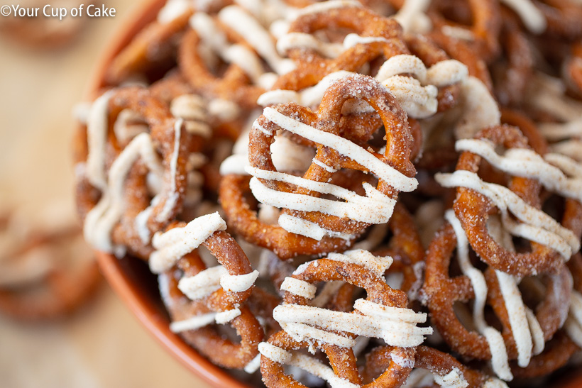 Pumpkin Spice Pretzels drizzled with white chocolate