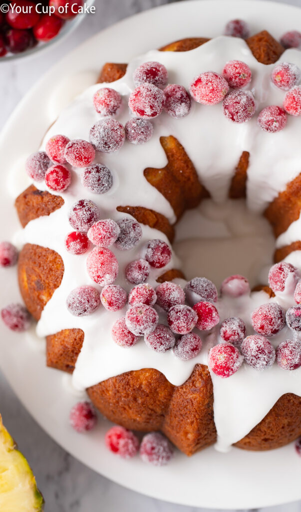 Sugared Cranberries on top of Pineapple Cranberry Cake