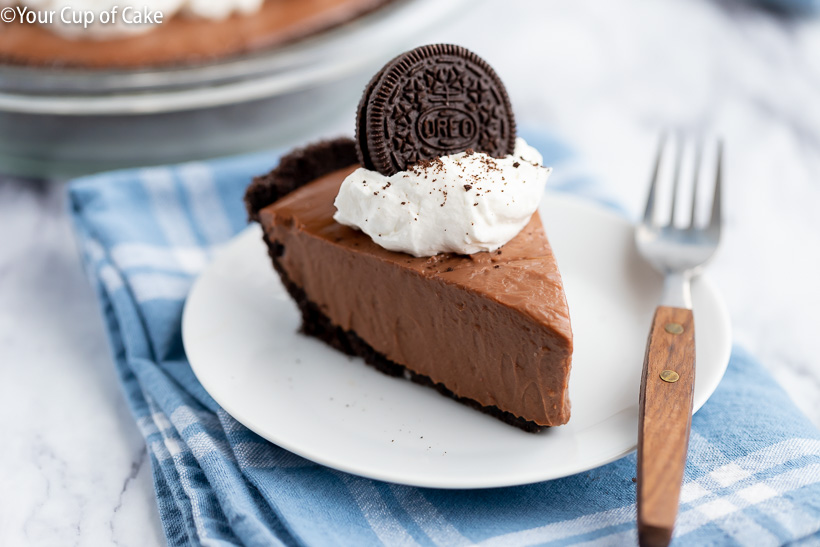 My favorite recipe for Chocolate Cream Pie with a crispy Oreo crust!